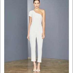 Amsale LW157 Crepe Tailored One Shoulder Silk White Formal Jumpsuit Size…